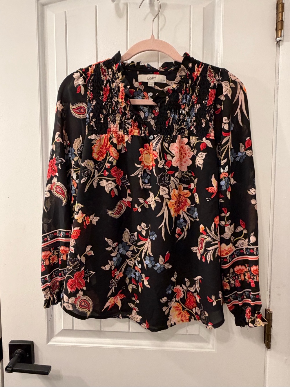 LOFT Black Floral Smocked-Neck Long Sleeve Blouse